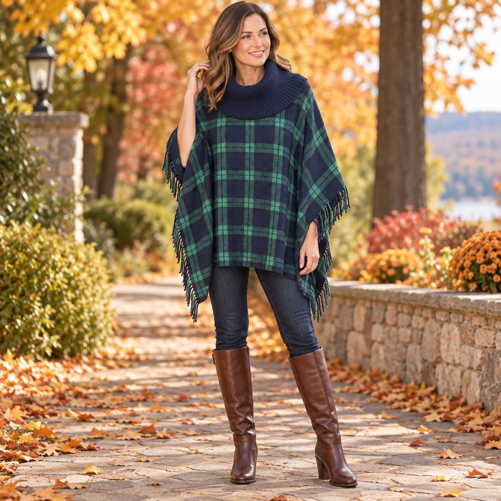 Talbots Women Green Navy Plaid Cowl Neck Fringe Poncho Wool Blend Wrap M/L